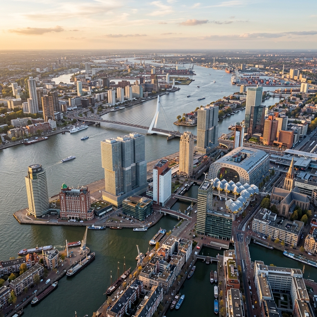 Rotterdam skyline with Erasmus Bridge at night
